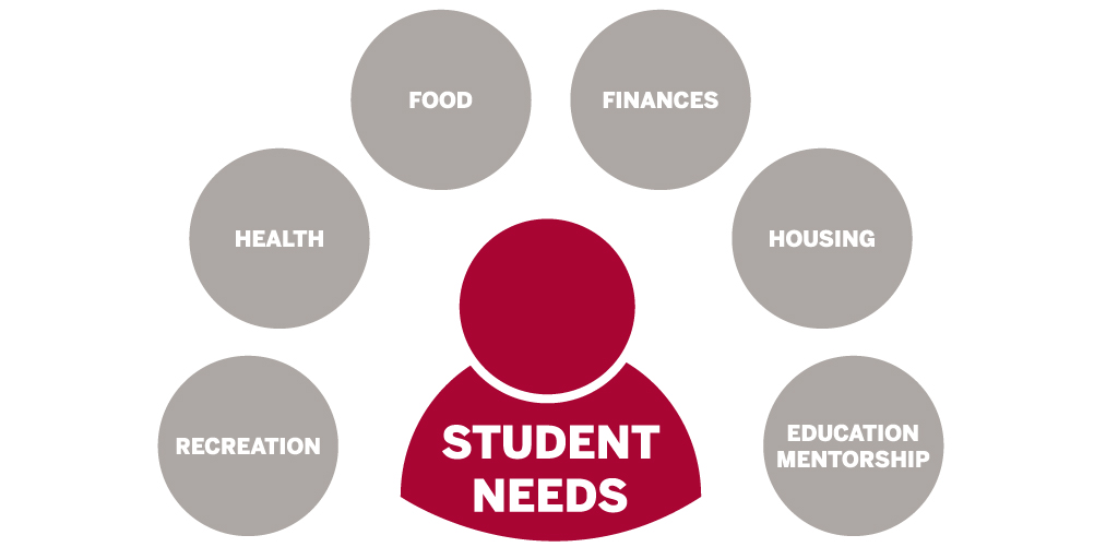 A student needs diagram with an illustration of a general person labelled with "Student Needs". Surrounding the illustration are 6 circles labelled: recreation, health, food, finance, housing, and education mentorship.